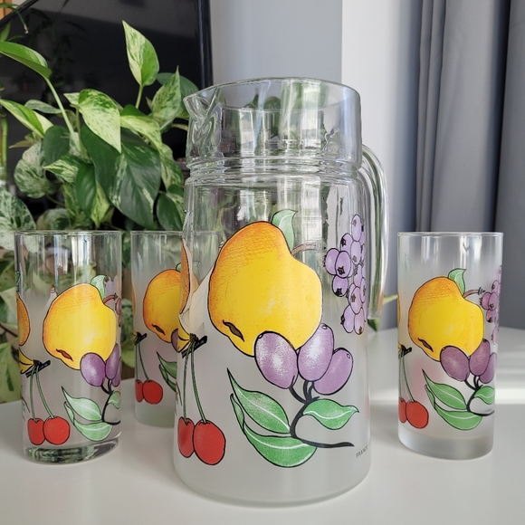 Vintage France Fruit Frosted Glass Pitcher and Glasses - Picture 2 of 3